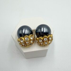 Vintage Signed Joan Rivers Black Faux Pearl Crystals Gold Tone Pierced Earrings